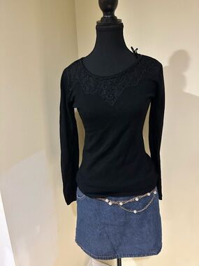 Guess Black Long-Sleeve Top with Lace Yoke